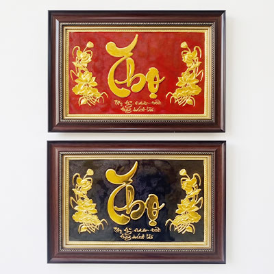 Tranh Chữ Thọ Hoa Sen Bằng Đồng Dát Vàng Khổ 40cm x 55cm