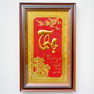 Tranh chữ Thọ Tùng Mai cát tường bằng đồng dát vàng khổ 50cm x 80cm