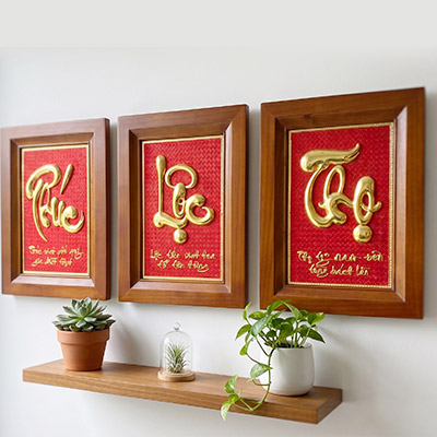 Bộ tranh Phúc Lộc Thọ bằng đồng khổ dọc 28cm x 38cm