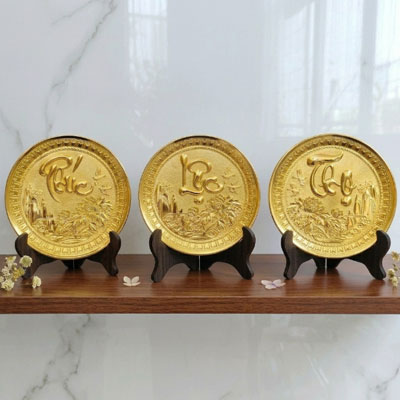 Bộ Tranh Đĩa Tròn Phúc Lộc Thọ Bằng Đồng Mạ Vàng Đk 19cm