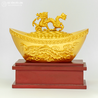 Thỏi Vàng Phong Thủy Bằng Đồng Vàng Nắp Rồng Dài 13Cm