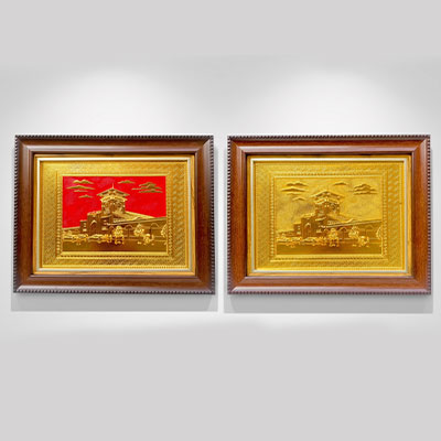 Quà tặng Tranh chợ Bến Thành bằng đồng dát vàng khổ 28cm x 34cm
