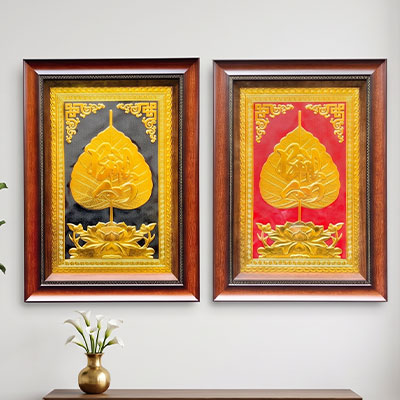 Quà Tặng Tranh Chữ Bình An Lá Đề Bằng Đồng Dát Vàng Khổ 40cm x 55cm