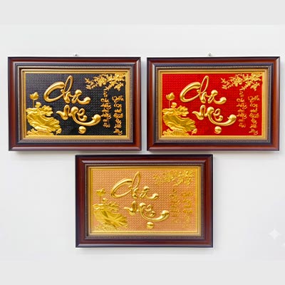 Quà Tặng Tranh Chữ Cha Mẹ Bằng Đồng Dát Vàng Khổ Ngang 40cm x 55cm