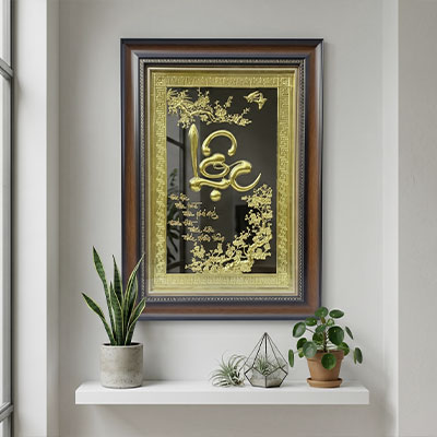 Tranh Chữ Lộc Thư Pháp Bằng Đồng Khổ Dọc 48cm x 68cm Hoa Mai Phú Quý