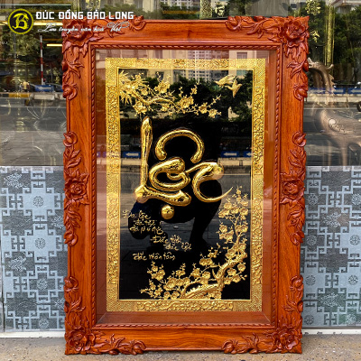 Tranh Chữ Lộc Thư Pháp Hoa Mai Phú Quý Bằng Đồng Mạ Vàng 24K Khổ 81cm x 55cm