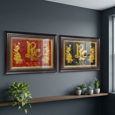 Tranh chữ Lộc thư pháp bằng đồng dát vàng khổ 40cm x 55cm