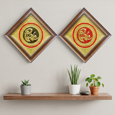 Tranh chữ Phúc bằng đồng khổ vuông 40cm hình thoi