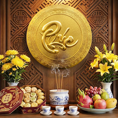 Tranh đồng chữ Phúc tròn dát vàng đường kính 65cm