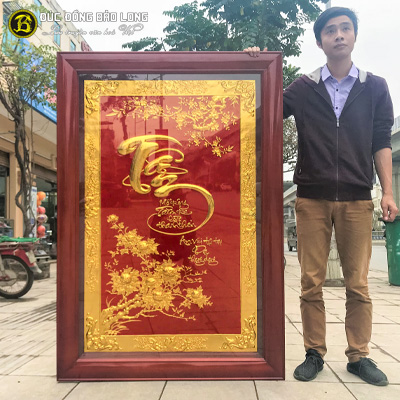 Tranh Chữ Tâm Mai Khai Phú Quý Bằng Đồng Mạ Vàng 24K Khổ 1m55 x 88cm
