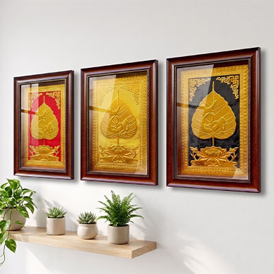 Tranh Lá Đề Chữ Thọ Bằng Đồng Dát Vàng Khổ Dọc 40cm x 55cm
