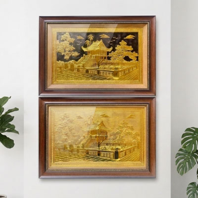 Tranh Chùa Một Cột bằng đồng khổ 40cm x 55cm và 50cm x 70cm Dát Vàng Trang Trọng