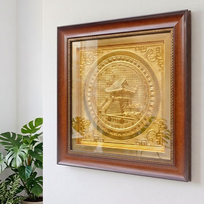 Tranh Chùa Một Cột bằng đồng dát vàng khổ vuông 40cm