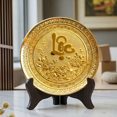 Tranh đồng chữ Lộc đĩa tròn dát vàng đường kính 25cm quà tặng tài lộc cao cấp