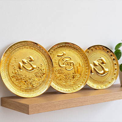 Tranh Đĩa Chữ Tâm Bằng Đồng Dát Vàng Đường Kính 25cm