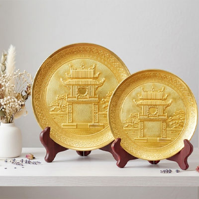 Tranh Đĩa Khuê Văn Các Bằng Đồng Dát Vàng Đk 20cm và 25cm
