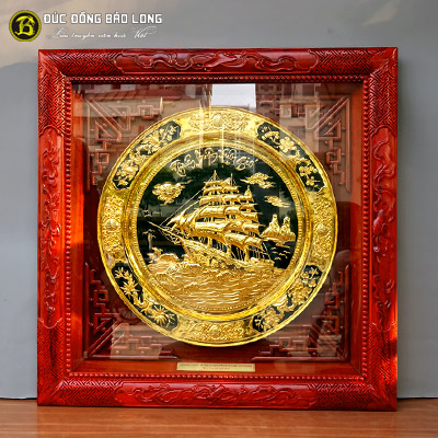 Tranh Mâm Thuận Buồm Xuôi Gió - Tứ Quý Bằng Đồng Mạ Vàng 24k Khung Gỗ Gụ Khổ Vuông 89cm
