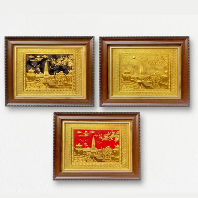 Tranh tháp Phổ Minh bằng đồng dát vàng khổ 28cm x 34cm