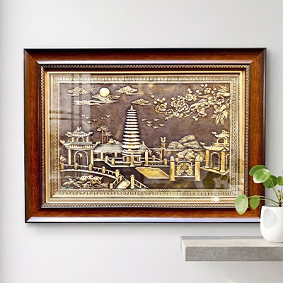 Tranh Tháp Phổ Minh Bằng Đồng Vàng Giả Cổ Khổ 40cm x 55cm