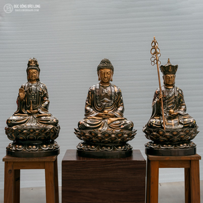 Bộ Tượng Sa Bà Tam Thánh Bằng Đồng Khảm Tam Khí Cao 48Cm